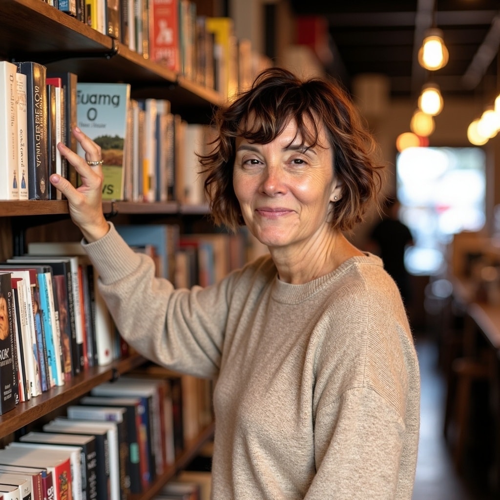 Facilitator at a bookshelf, warm and approachable